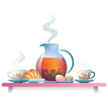 A glass flask filled with steaming herbal tea is placed at the center of a wooden table. Surrounding the flask are several delicate porcelain teacups with intricate floral patterns, each resting on small saucers. Beside the teacups, a variety of freshly baked pastries are displayed, including croissants, macarons, and small fruit tarts. The setting exudes warmth, with soft natural light illuminating the scene, highlighting the rich colors of the tea and the pastries on the table.