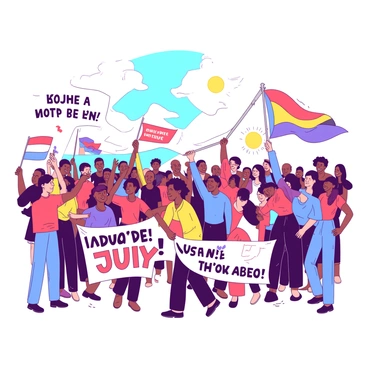 A diverse crowd of people is gathered in an open field, joyfully celebrating together. Some individuals are waving vibrant flags in various shapes and sizes, while others are holding colorful banners that display messages of unity and joy. The crowd is made up of people of different ages, ethnicities, and backgrounds, all smiling and engaging with one another. The atmosphere is filled with excitement and energy as the sun shines brightly above, casting light on the scene.