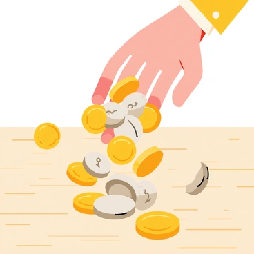 A person's hand is open, releasing a handful of various coins that are spilling out. The coins include shiny gold, silver, and copper colors, reflecting light as they tumble downward. The table surface is wooden, with visible grain patterns. Some coins are already scattered on the table, while others are mid-air, capturing the motion of the spill. The person's hand is depicted in a natural position, emphasizing the movement of the coins.