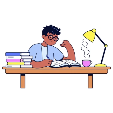A student sitting at a wooden desk with a smooth surface. The desk is neatly organized, with various colorful books stacked on one side. In front of the student is an open notebook filled with handwritten notes. A steaming cup of tea sits on the desk, releasing visible wavy lines of steam. The student has a focused expression, wearing glasses, with tousled hair, and is holding a pen above the notebook, ready to write. A small desk lamp provides warm lighting, adding to the cozy atmosphere.
