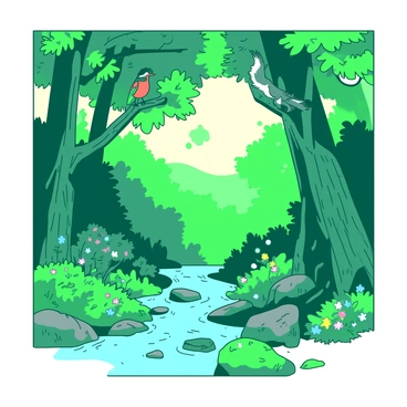 A vibrant green forest filled with lush foliage and various types of trees, creating a dense canopy overhead. In the foreground, there is a small clear stream flowing over smooth stones, reflecting the light of the sun filtering through the leaves. On a sturdy branch, a colorful bird with bright feathers is perched, singing cheerfully. Nearby, a playful squirrel is climbing up a tree trunk, its fluffy tail held high. The ground is covered with a layer of soft, green moss and a variety of wildflowers in different colors blooming around the base of the trees.
