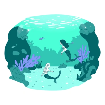 A teal lagoon with crystal-clear waters reveals several playful mermaids swimming gracefully beneath the surface. The mermaids have shimmering tails in various shades of blue and green, reflecting the light filtering through the water. Bright coral reefs are visible in the background, teeming with colorful fish swimming around. Sunlight creates sparkling patterns on the sandy bottom, adding a magical touch to the serene underwater scene.