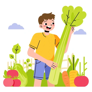 A young boy with short brown hair is smiling widely as he holds a giant green celery stalk in both hands. He is wearing a bright yellow t-shirt and denim shorts. In the background, there are various colorful vegetables growing in the backyard garden, including red tomatoes and orange carrots. The sun is shining down, illuminating the green leaves surrounding him. There is a small wooden fence in the background, and a blue sky with a few fluffy white clouds above.