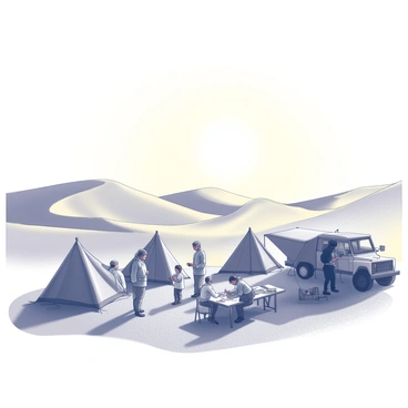 A group of explorers is gathered under a vast sky in the Sahara desert, surrounded by rolling sand dunes. They are setting up a research camp, with several tents being erected, their fabric billowing slightly in the warm wind. The explorers, dressed in lightweight, protective clothing, are engaged in various activities. One explorer is anchoring a tent while another arranges equipment on a sturdy table. A vehicle is parked nearby, partially covered in sand, and various research tools are scattered around, including maps and notebooks. In the background, the sun casts long shadows on the golden sand, creating a dramatic landscape that emphasizes the expanse of the desert.