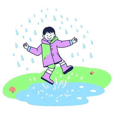A child with short hair is joyfully jumping into a puddle. The child is wearing bright waterproof boots and a colorful raincoat. As the child lands, droplets of water are sent flying in all directions, creating a splash effect around them. The background features green grass and a few scattered autumn leaves. The sky above is overcast, suggesting recent rain.