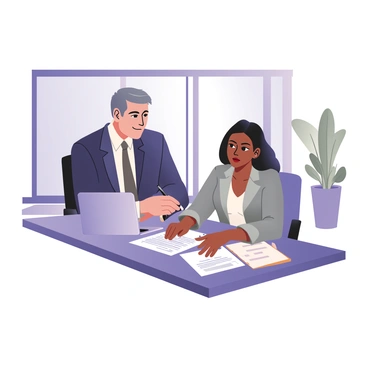 A banker is sitting at a modern desk, actively guiding a young entrepreneur through a loan application process. The banker is a middle-aged man with light skin, wearing a navy blue suit and a tie, while the entrepreneur is a young woman with dark skin, wearing a white blouse and a light gray blazer. The banker has a laptop open in front of him, displaying the loan application form. Papers are scattered on the desk, and there is a pen in the banker's hand as he points to a section of the form. The young entrepreneur is looking attentively, with a notebook and a pen in her hands, taking notes. The office space features a large window with natural light streaming in and a potted plant in the background.