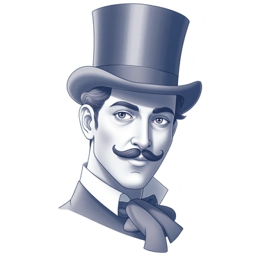 A close-up illustration showcasing the face of a Victorian gentleman. He has a well-groomed mustache and sharp features. The gentleman is wearing a tall, elegant top hat. His attire includes a high-collared shirt with a cravat tied neatly at the neck. The expression on his face conveys confidence and sophistication. The background is minimal, allowing the focus to remain on the intricate details of his facial features and the texture of his clothing.