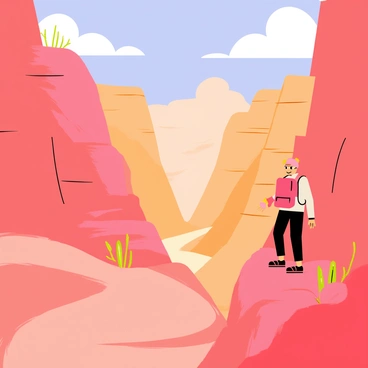 A canyoneer wearing a bright orange helmet and a backpack is standing at the edge of a rocky cliff within a canyon. The canyon walls around him are steep and layered with red and brown rock formations. The canyoneer is peering into the distance, where the canyon stretches out, revealing winding paths and hidden cliffs. A few sparse desert plants and cacti are scattered around the rocky terrain. The sky above is a clear blue, with a few fluffy white clouds.