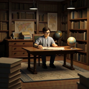 A historian with short brown hair and glasses sits at a wooden desk in a musty archive room. He is surrounded by stacks of old documents and ancient maps, some spread out on the desk and others carefully rolled beside him. The historian is intently examining a faded map under a gentle light, using a magnifying glass to study the details. The walls of the room are lined with bookshelves filled with old books and leather-bound volumes, while a large, ornate globe stands in the corner. A few vintage light fixtures cast a warm glow, illuminating the dust particles dancing in the air.
