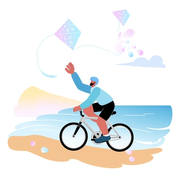 A cyclist is riding along the shoreline, the ocean waves crashing in the background. The cyclist is wearing a bright-colored helmet and a lightweight jacket, with their long legs pedaling swiftly. In one hand, they are skillfully controlling a colorful kite soaring high in the air. The kite is adorned with vibrant patterns and is dancing in the gentle breeze. The sandy beach stretches out on one side, dotted with seashells, while the sky above is filled with soft, gradient pastel colors transitioning from warm yellows to cool blues.