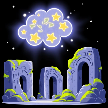 A cluster of glowing "star spren" hovering above "ancient ruins." The ruins consist of crumbling "stone structures" with intricate carvings and moss covering the surfaces. The "star spren" emit a soft light, casting "intricate shadows" on the stones below. The scene is filled with a magical atmosphere, as the light interacts with the textures of the ruins, revealing hidden details in the architecture.