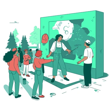 A teal street artist is energetically painting a large, colorful mural on a concrete wall. The mural features abstract shapes and patterns, capturing attention from the crowd. The artist is wearing a paint-splattered apron and a red cap. Around the artist, several diverse passersby are stopping to watch, some are pointing at the mural, while others are sharing ideas and suggestions. The scene is lively with a few trees in the background and the sun casting shadows on the pavement.