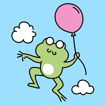 A green frog with bulging eyes is floating in a clear blue sky. The frog is holding onto a bright red balloon, which is tethered by a string. The balloon is round and glossy, contrasting vividly against the sky. The frog's limbs are relaxed as it hovers, giving an impression of carefree floating. Around the frog, fluffy white clouds scatter gently, adding a sense of depth to the scene.