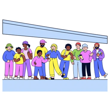 A large mural painted beneath a highway underpass. The mural features diverse groups of people standing together, showcasing unity and resilience. Each figure is depicted in a simple, cartoon-like style, with bright colors representing different cultures and backgrounds. In one section, a group of children are playing together, laughing and holding hands. Another section shows adults collaborating, with tools and paintbrushes in hand, creating art together. The overall composition conveys a sense of hope and togetherness, filling the concrete space with vibrant imagery.
