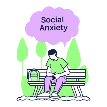 A person is sitting on a park bench with a tense posture, looking down at their hands. Above them, a large shadow looms, clearly labeled "Social Anxiety" in bold letters. The scene captures a sense of isolation, with trees in the background partially obscuring the sunlight. The ground beneath the bench is uneven, adding to the feeling of discomfort. The person has short hair and is wearing a simple outfit, consisting of a t-shirt and jeans. A small backpack rests beside them on the bench.