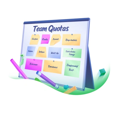 A whiteboard standing prominently, filled with the words "Team Quotas" written in bold, black letters at the top. The board is covered with colorful sticky notes in various shapes and sizes, each one containing handwritten notes and reminders. Surrounding the sticky notes are multiple vibrant markers scattered across the bottom, featuring shades like pink, blue, green, and yellow. The overall composition presents an organized yet dynamic look, with clear sections illustrating different team members and their respective goals.