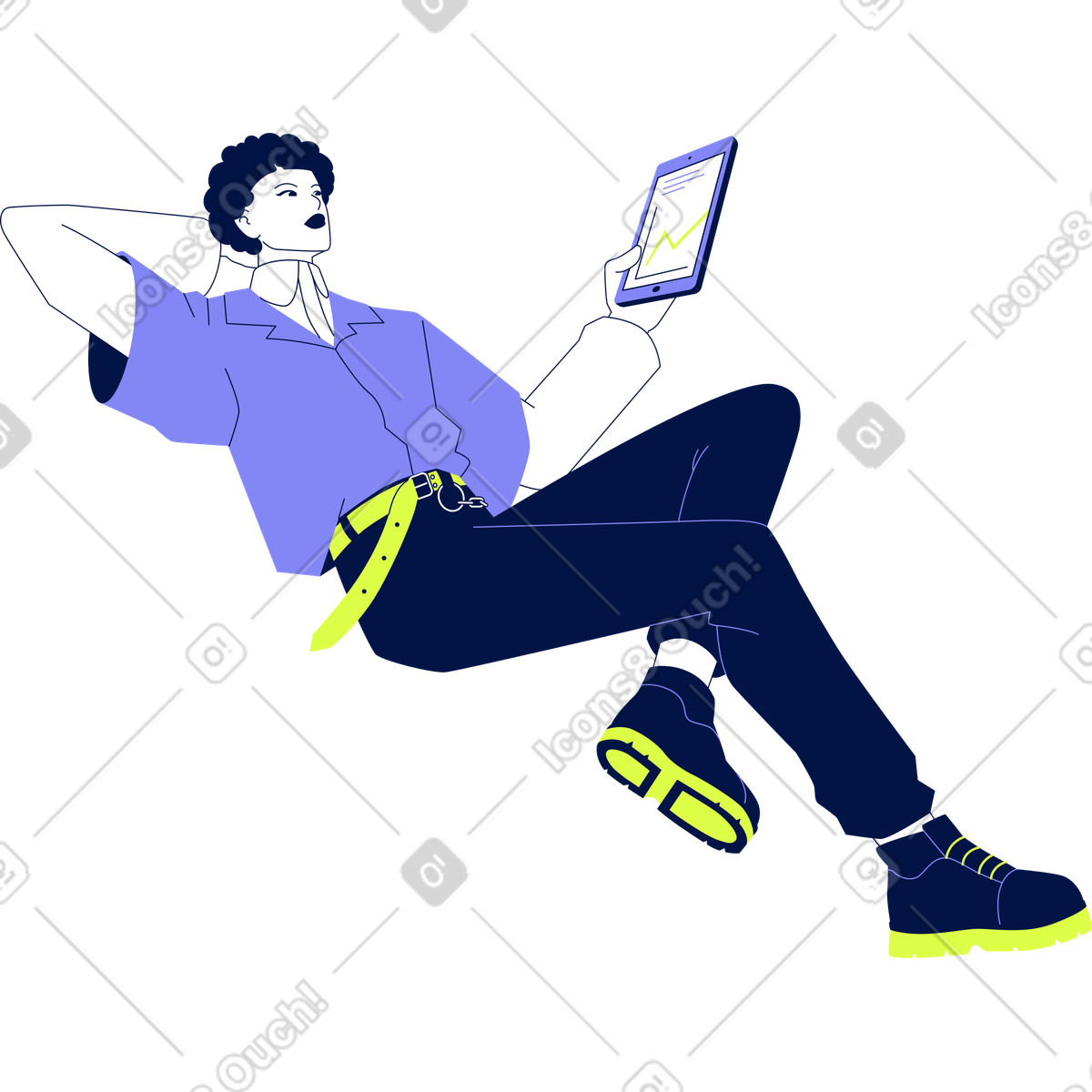 Il giovane giace e tiene in mano un tablet illustrazione stile Glow scarica PNG, SVG