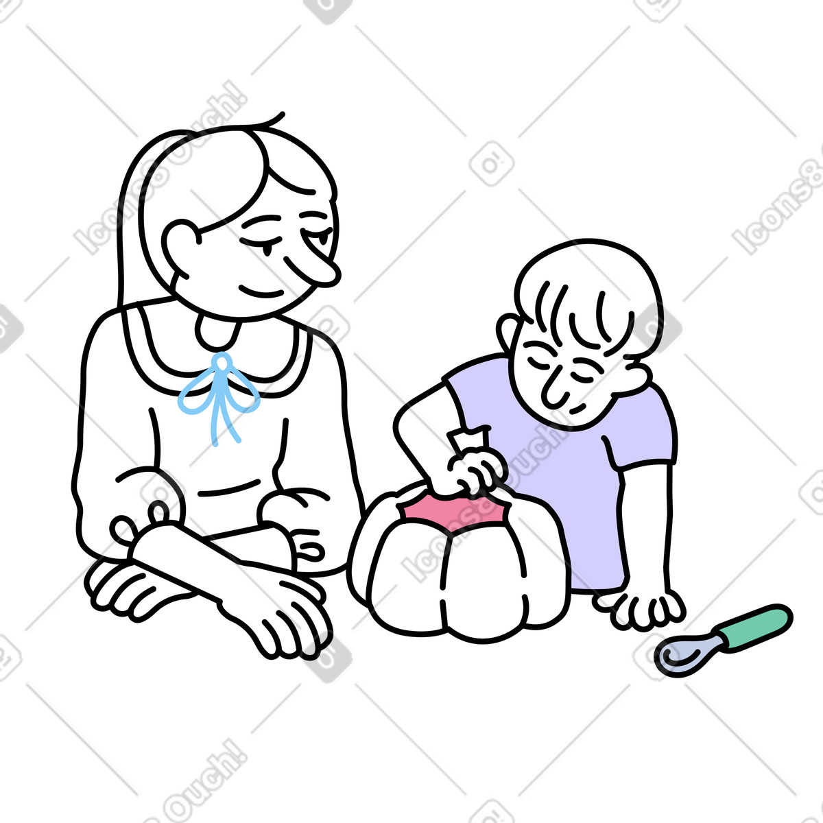Frau bringt jungen bei, wie man an halloween einen kürbis schnitzt-Illustration im Notes-Stil als Download in PNG, SVG