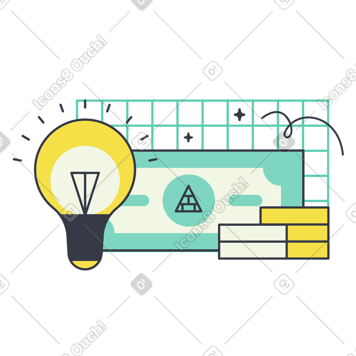 Banknote, gold bars and lightbulb representing a business idea illustration in PNG, SVG