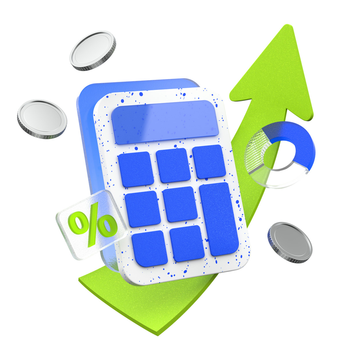 Calculator, upward arrow, compound interest and money illustration in PNG, SVG