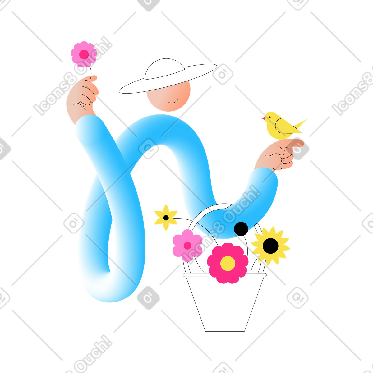 Knotty スタイルの 花と鳥を持つ女性 のイラストをPNG、SVG形式でダウンロード