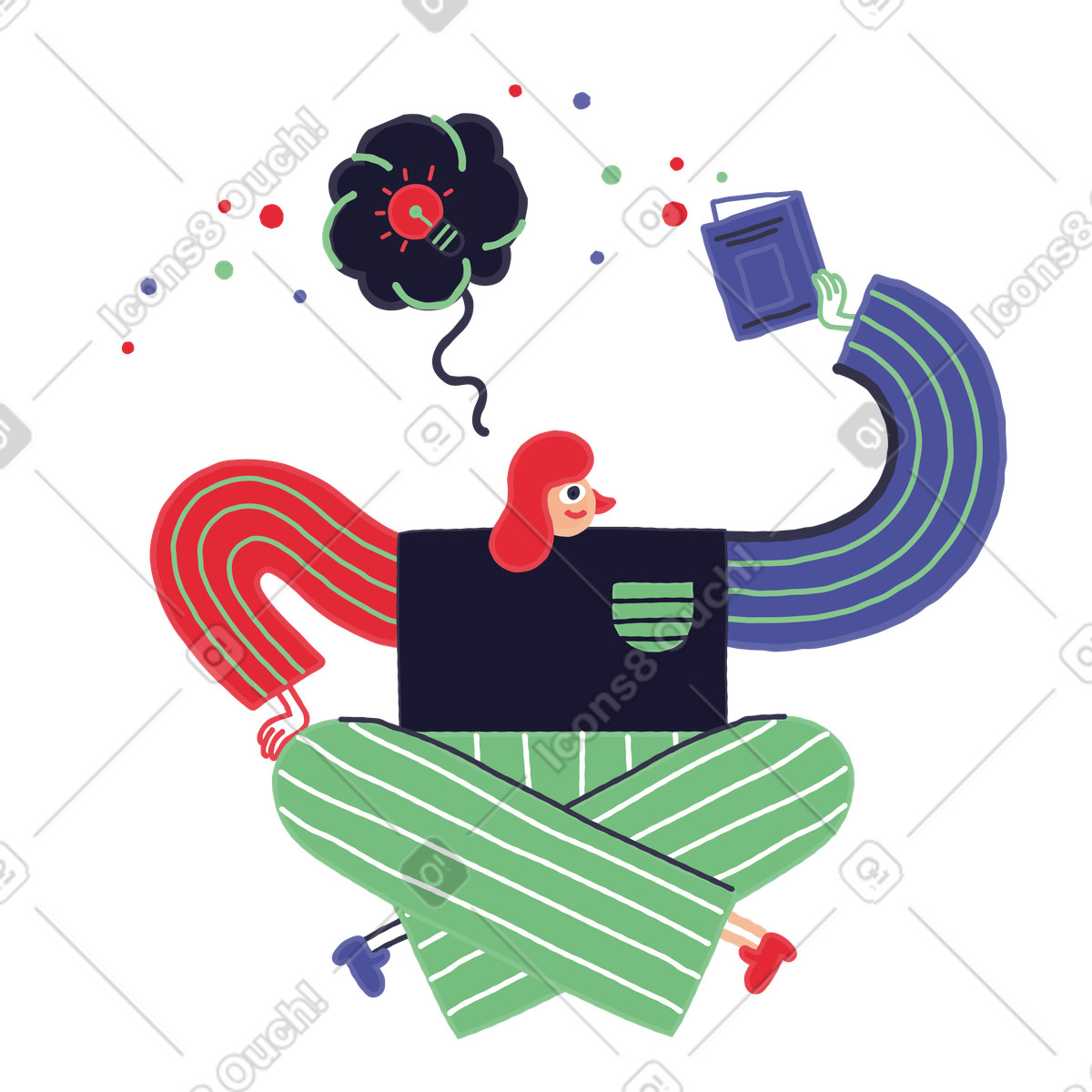 Illustration Une femme lit des ouvrages sur la santé mentale dans le style Stripy à télécharger aux formats PNG, SVG