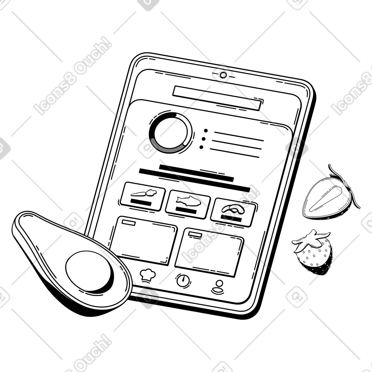 Diet planning app on tablet with fresh food, Healthy eating and meal animierte Illustration im 3D Techny Line-Stil als Download in GIF, Lottie (JSON), AE