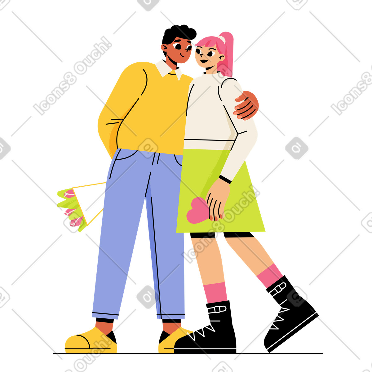 Pair embracing on a walk, Valentine's Day or romantic outing illustration in Juicy style download in PNG, SVG