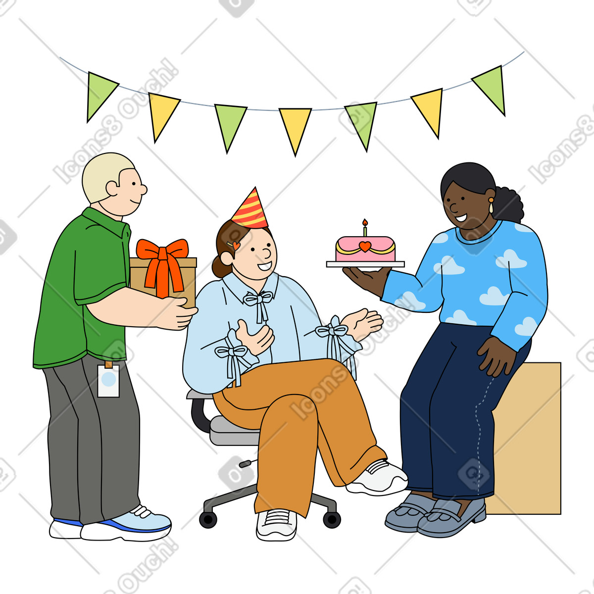 Ilustração de Comemoração aniversário com colegas em no estilo Kindy para baixar em PNG, SVG