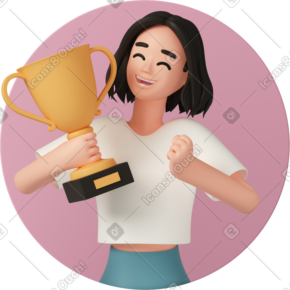 Ilustración Avatar de mujer feliz con copa trofeo en estilo 3D Casual life a descargar en PNG y SVG