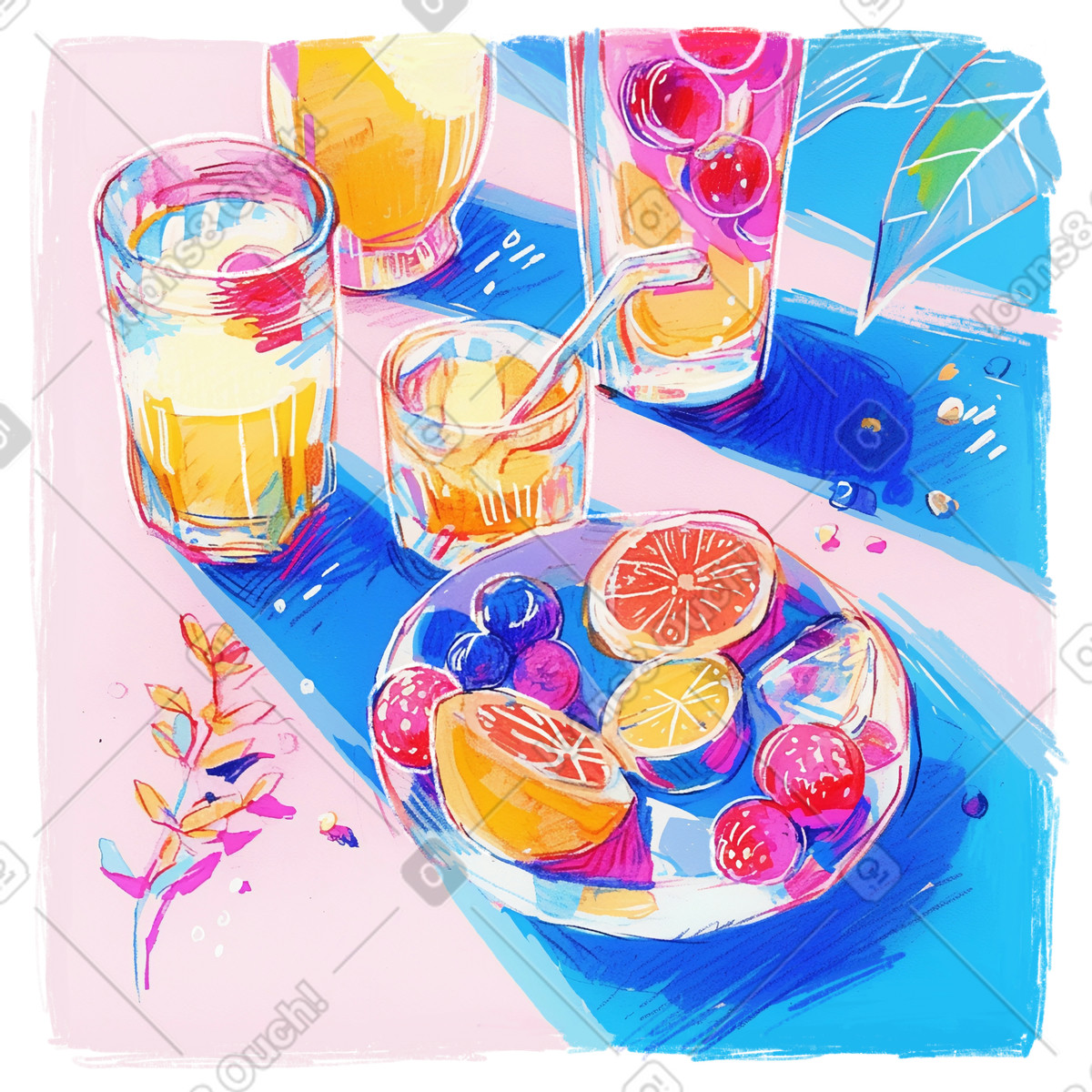 Pencil drawing of fruit and cocktails in glasses illustration Fuchsia style download PNG, SVG