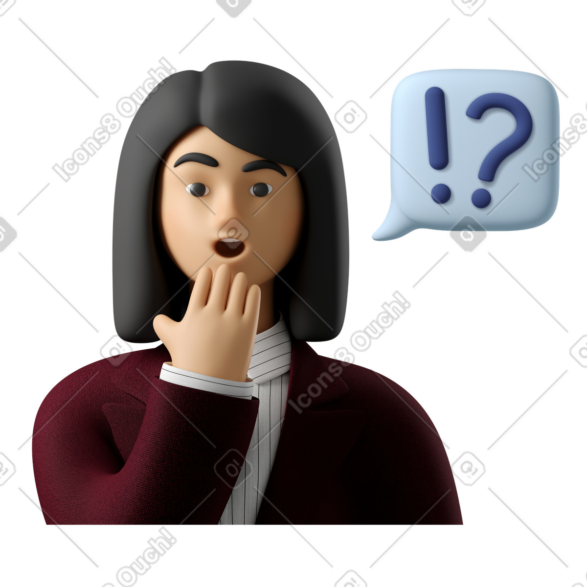 Businesswoman surprised with exclamation mark and question illustration in 3D Business style download in PNG, SVG