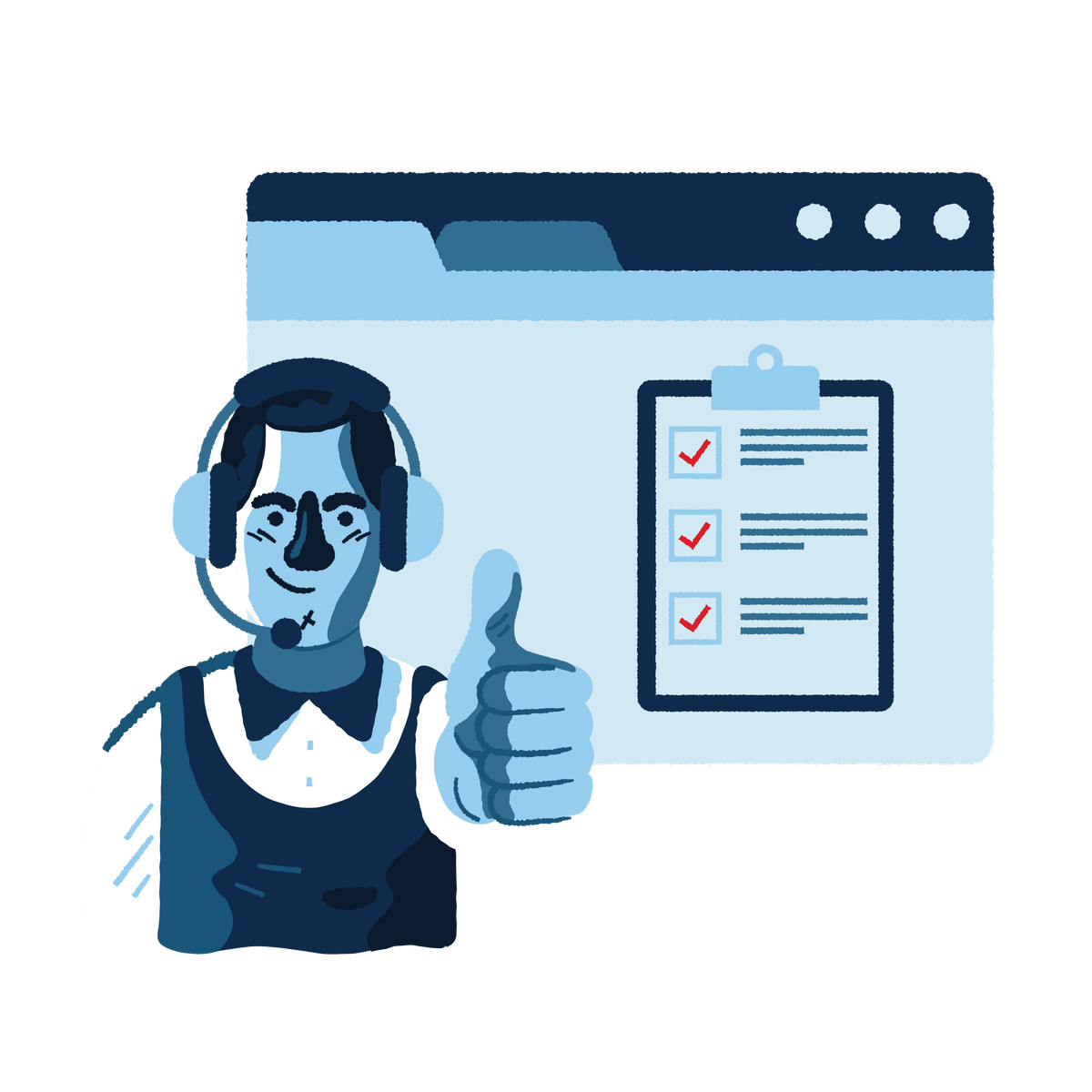 Ilustração de Call center agent with approved tasks, Online customer service or remote assistance em no estilo Cherry para baixar em PNG, SVG