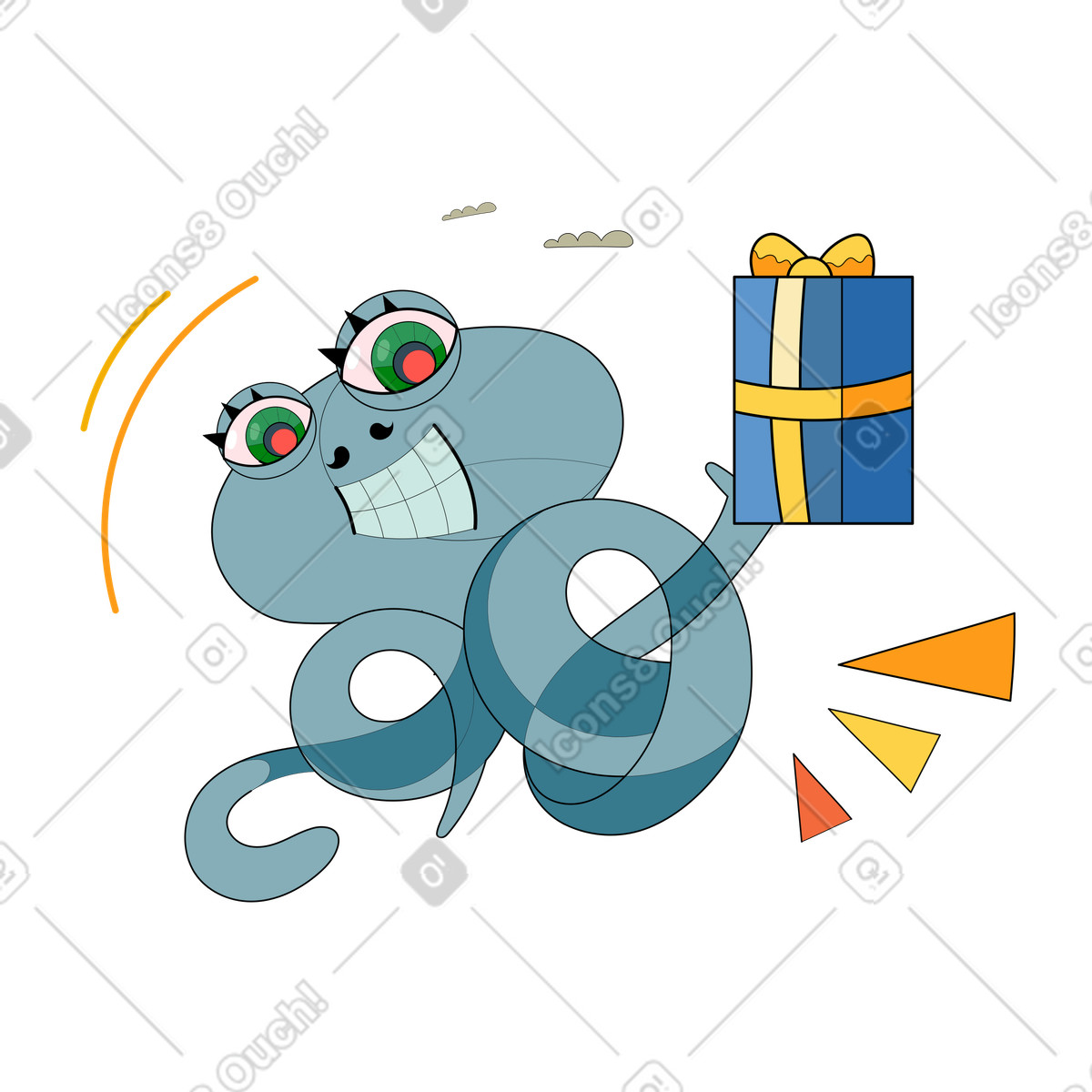 Ilustración Surreal creature holding wrapped gift, Birthday or holiday surprise en estilo Surr a descargar en PNG y SVG