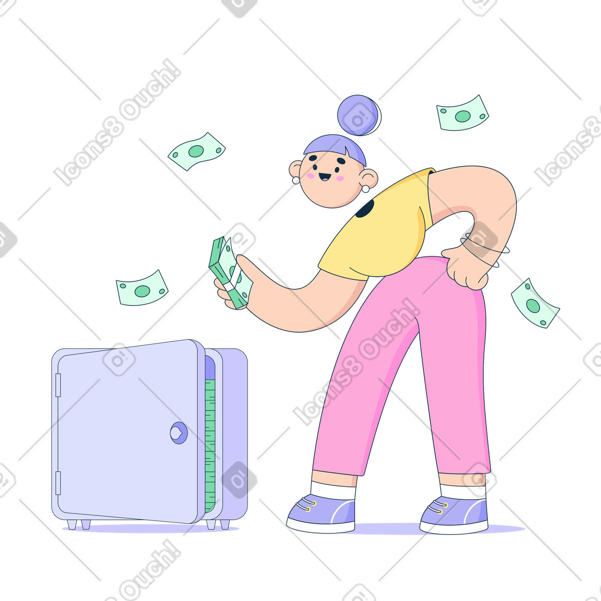 Bubble gum スタイルの 女性は自分のお金を金庫に入れます のイラストをPNG、SVG形式でダウンロード