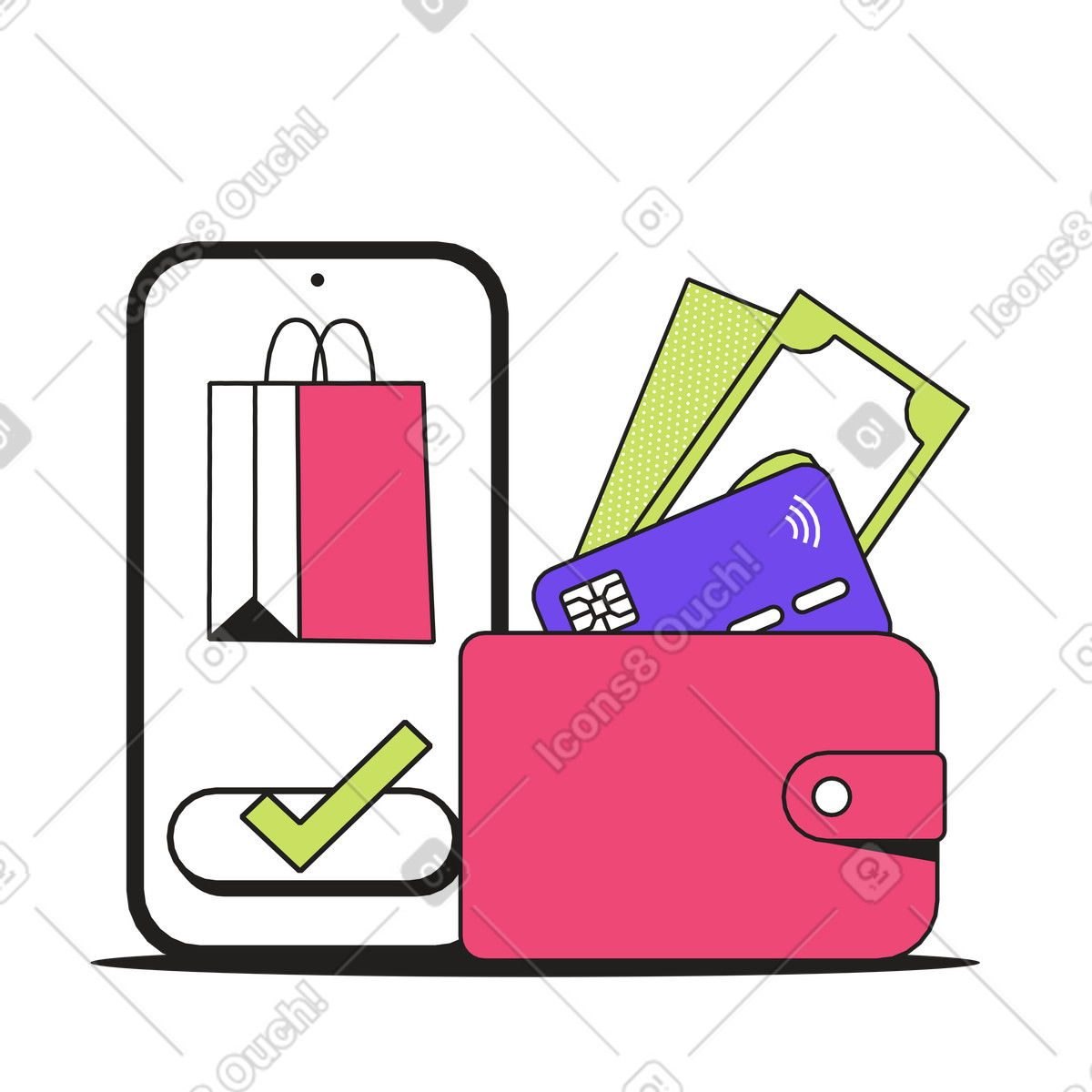 Shopping app and wallet with cash bank card, Online purchase mobile payment illustration in Dazzle style download in PNG, SVG