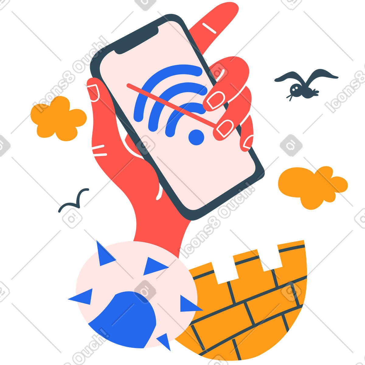 Smartphone showing disconnected signal, Network outage or offline mode animated illustration in Kingdom style download in GIF, Lottie (JSON), AE