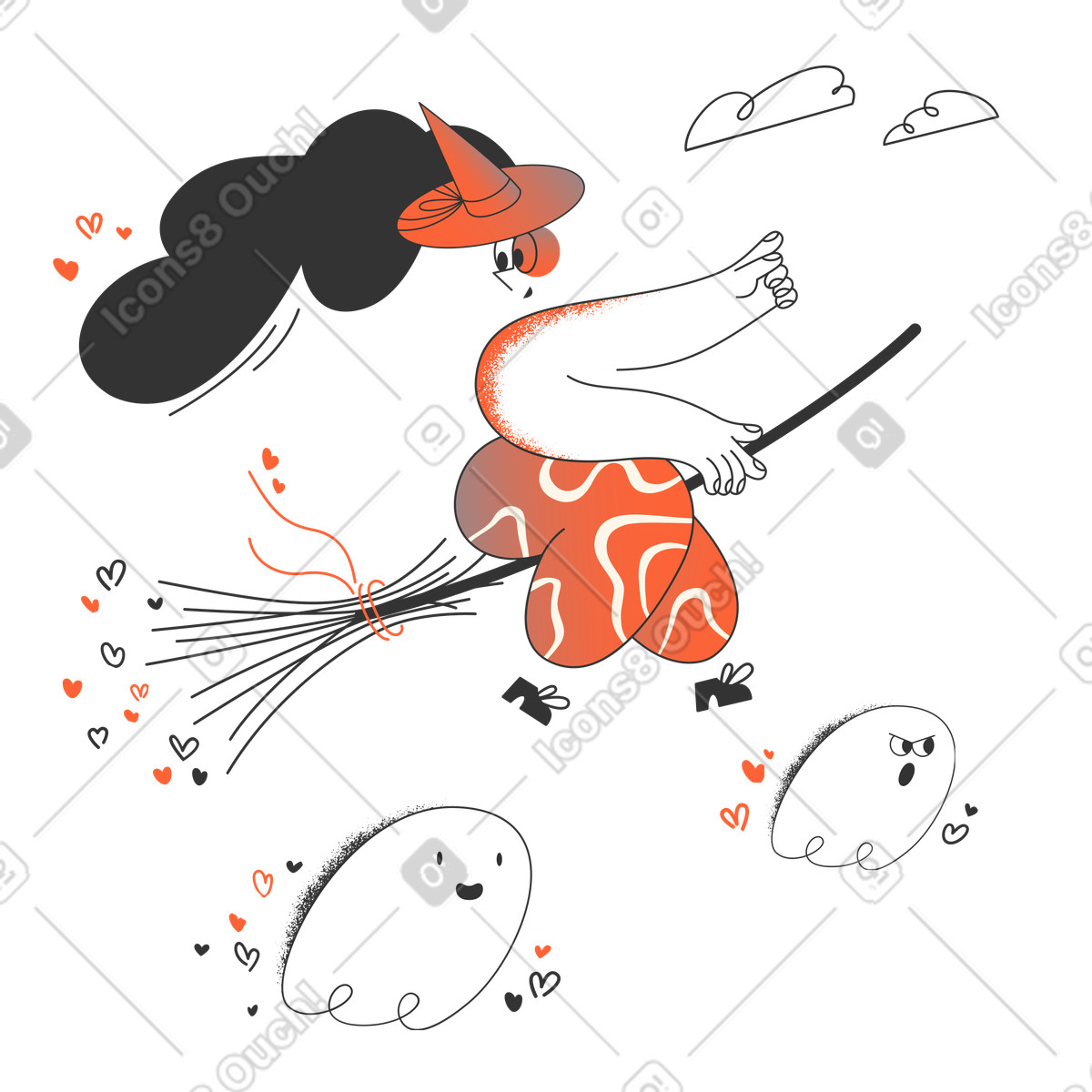 Halloween witch flying on a broom illustration in Crayon style download in PNG, SVG