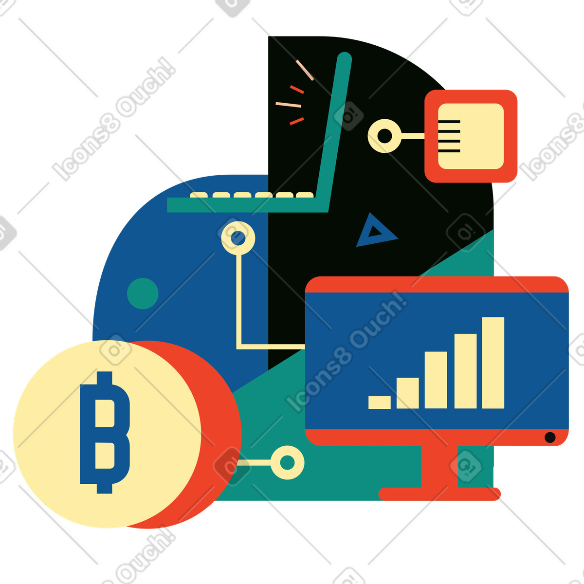 Illustration Miner des bitcoins avec technologies informatiques dans le style Polar à télécharger aux formats PNG, SVG