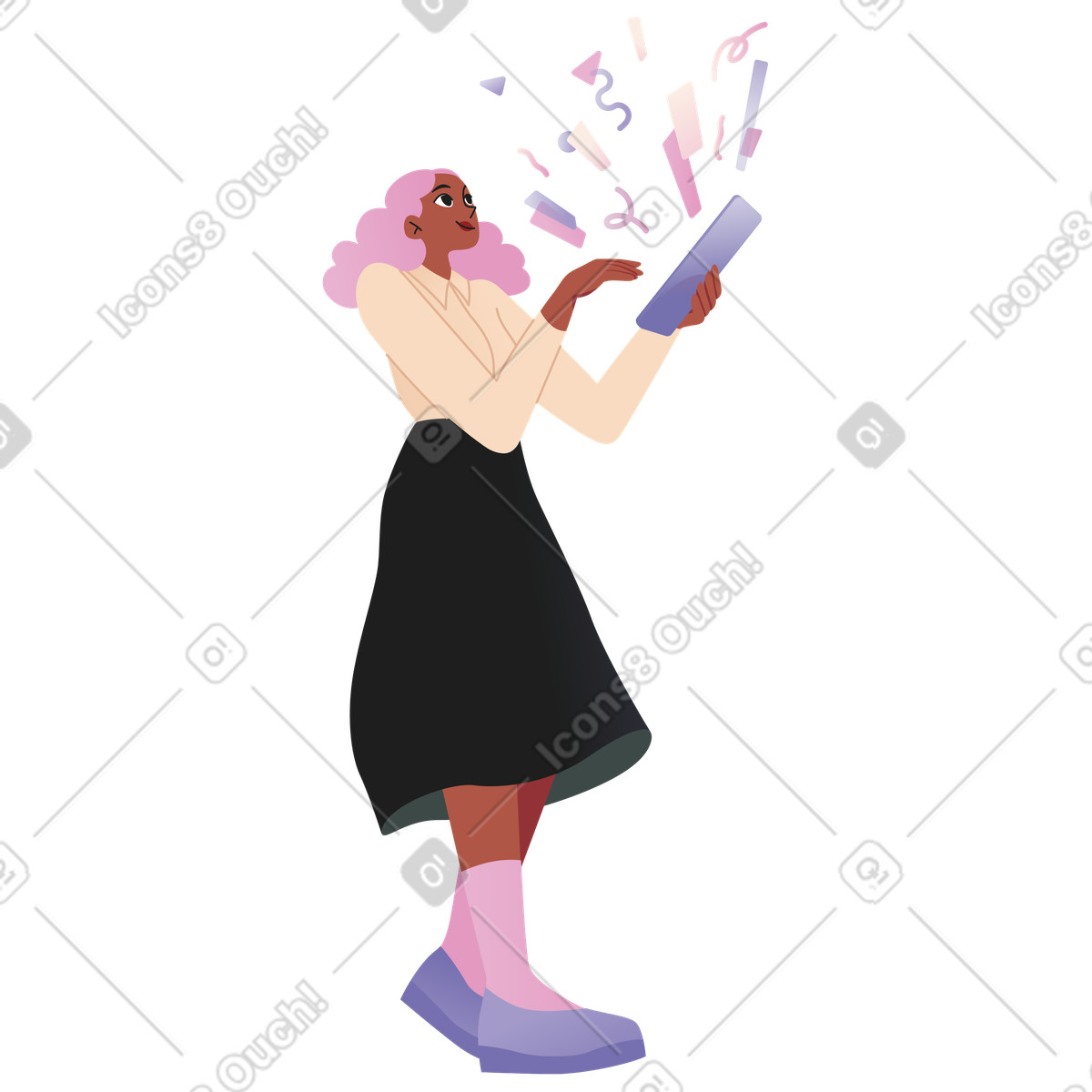 Junge frau mit tablette-Illustration im Coworking-Stil als Download in PNG, SVG