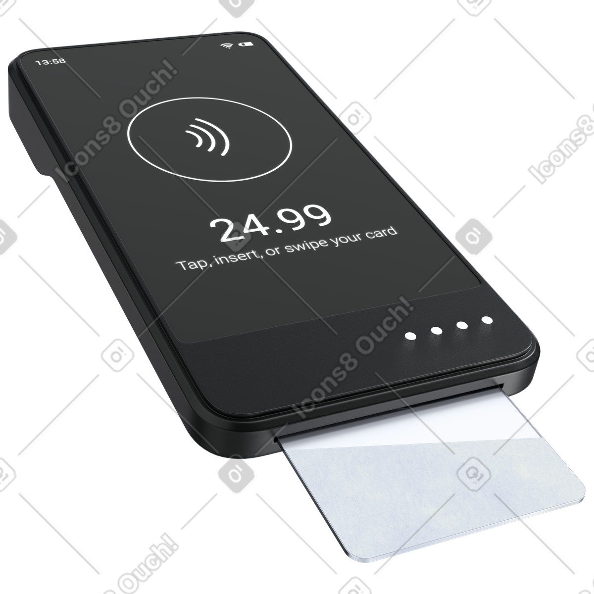 Illustration Terminal de point vente avec carte insérée, technologie caisse sans espèces pour le commerce détail dans style 3D Pro à télécharger aux formats PNG, SVG