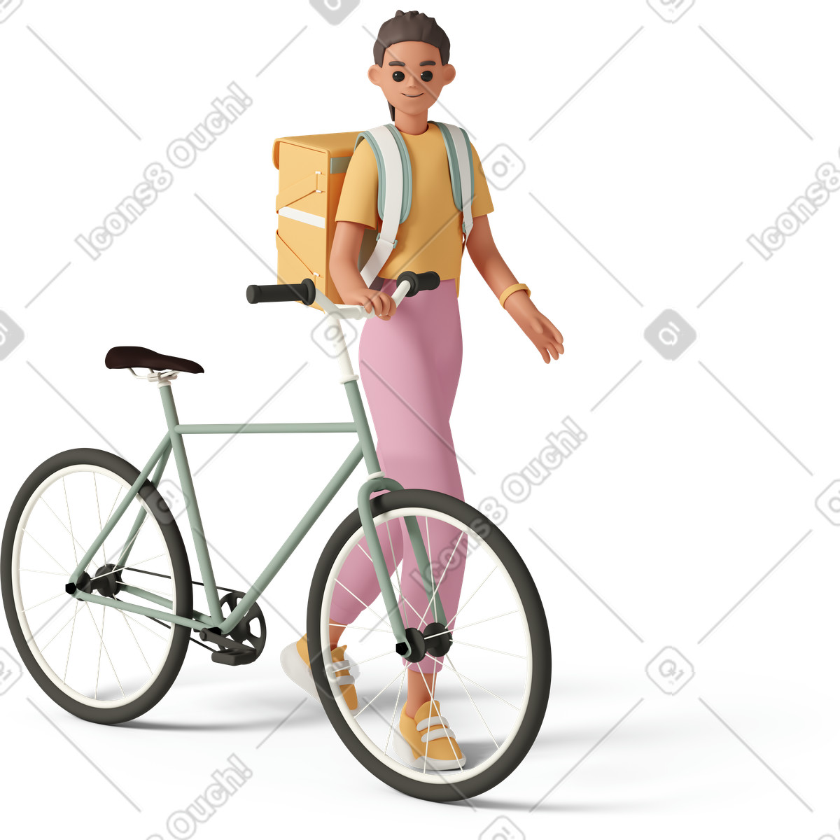 Ilustração de Young woman walking with bicycle and thermobag em no estilo 3D Casual life para baixar em PNG, SVG