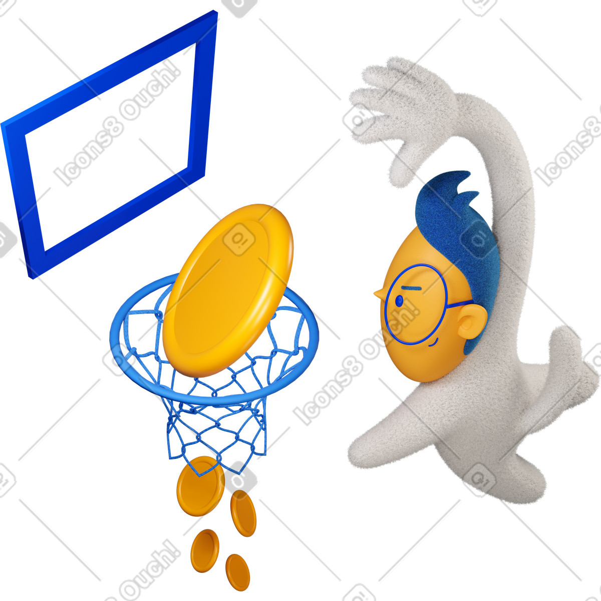 Boy putting money in basketball hoop eagerly turned right illustration 3D Buddy style download PNG, SVG