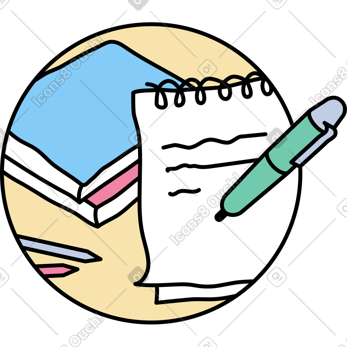 Pencil taking notes and stack of books illustration in style download in PNG, SVG