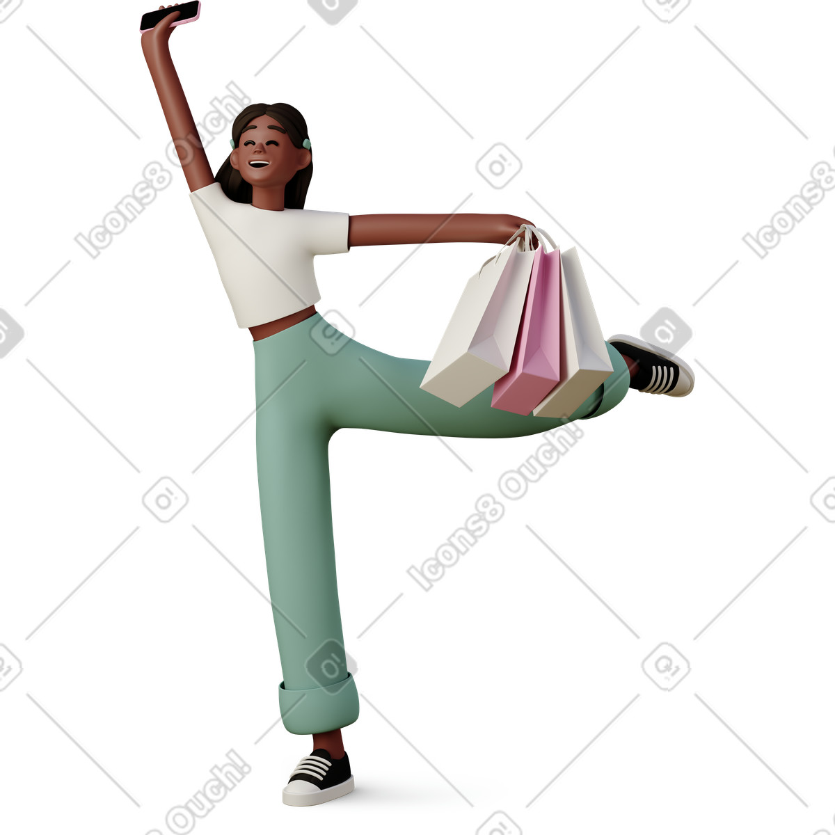 下载 3D Casual life 风格的 Joyful young woman jumping with shopping bags 插画，支持 PNG、SVG 格式