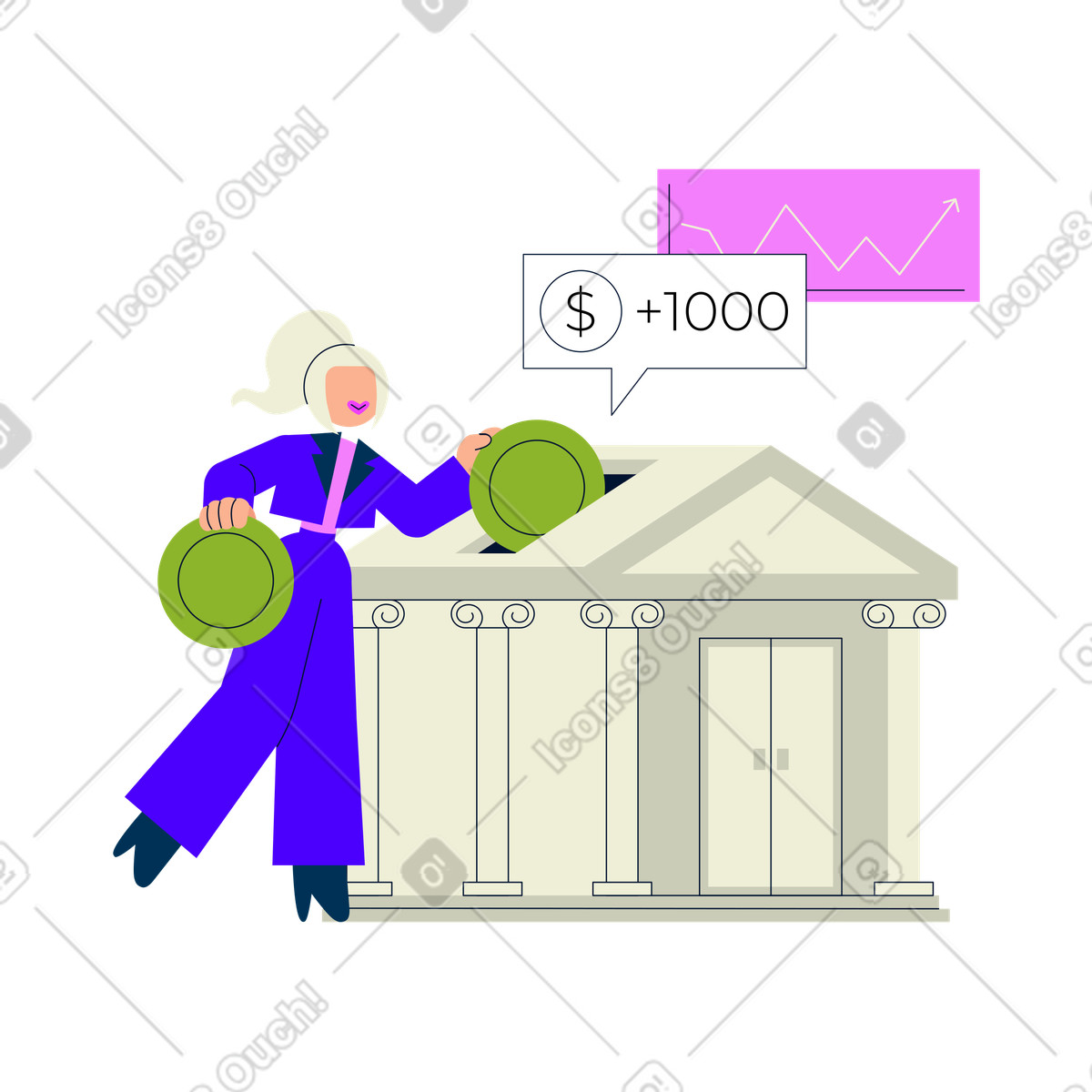Ilustração de Mulher investindo dinheiro no banco em estilo Cubes para baixar em PNG, SVG