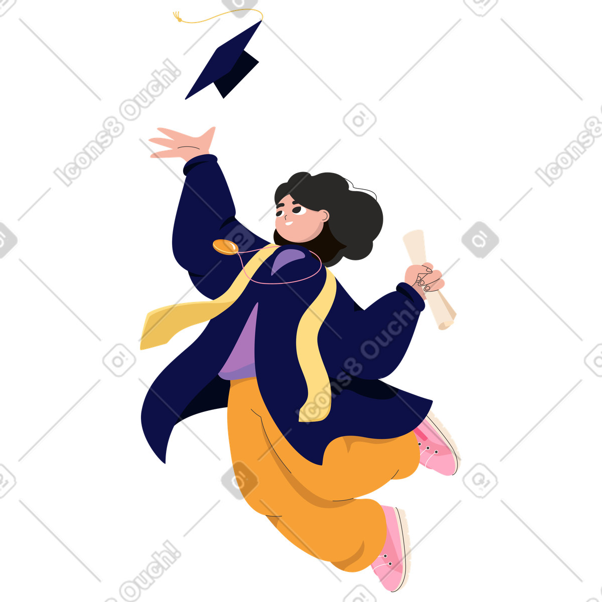 Happy girl in graduation gown illustration jumps while tossing cap clipart for graduates