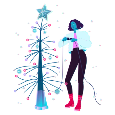 A woman decorating a Christmas tree - Neon style illustration