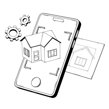 A smartphone displaying a 3D house model - 3D Techny Line style illustration