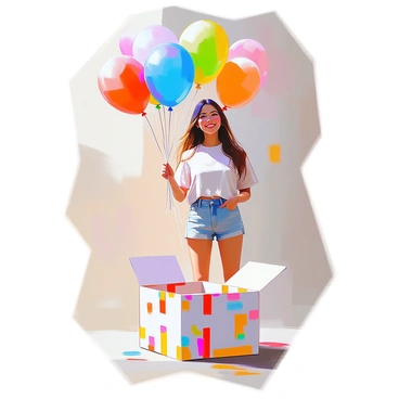 Nami holding a handful of colorful balloons, with an illustrated box at her feet waiting to be opened.